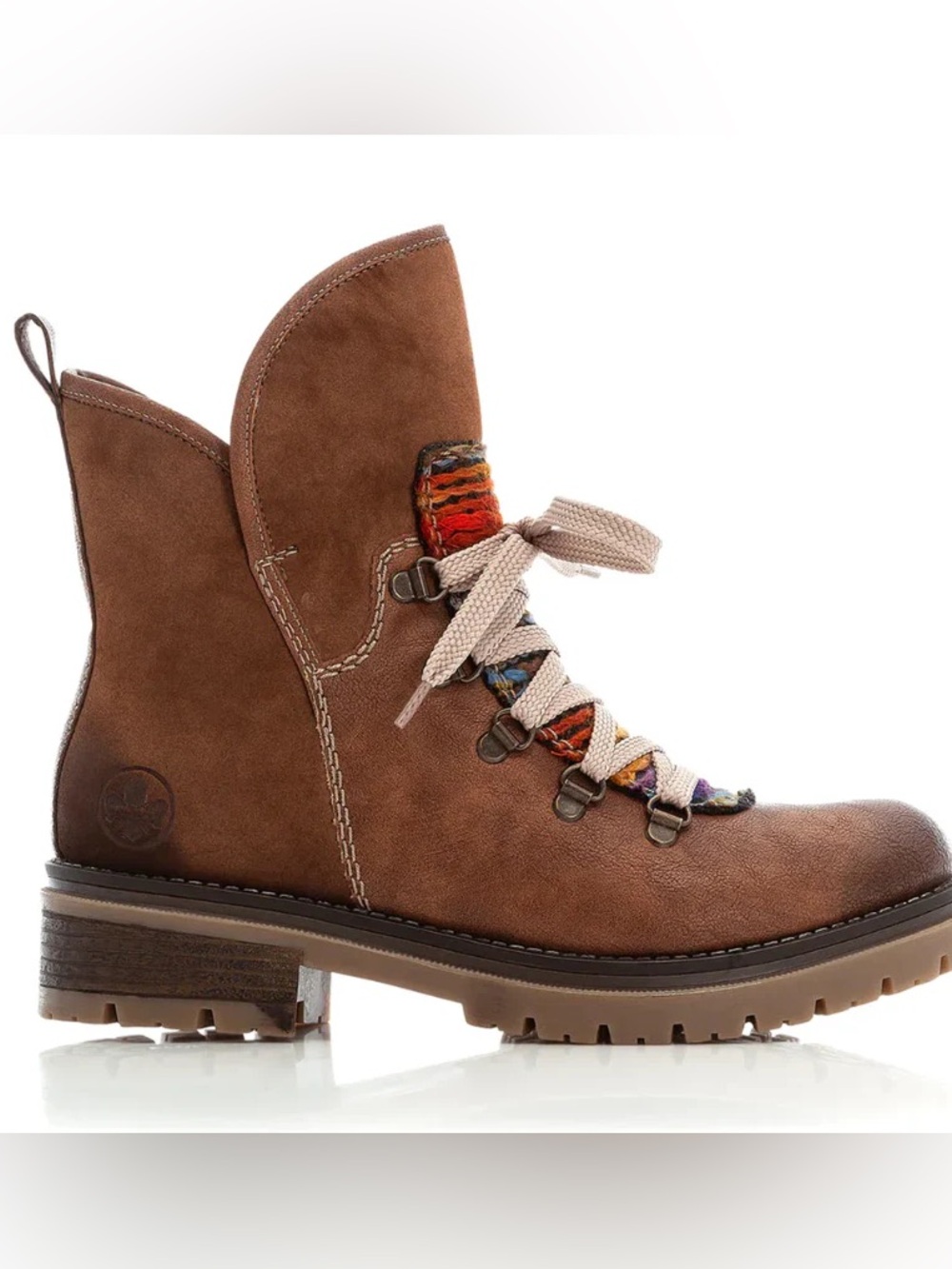 Rieker Brown Leather Lace-Up Ankle Boots with Colorful Textile Trim